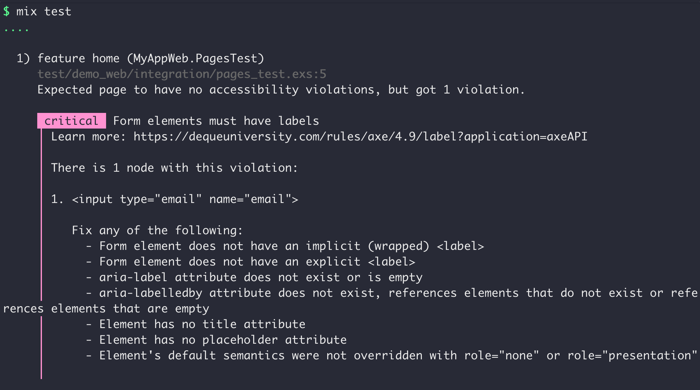 Expected page to have no accessibility violations, but got 1 violation. Form elements must have labels.