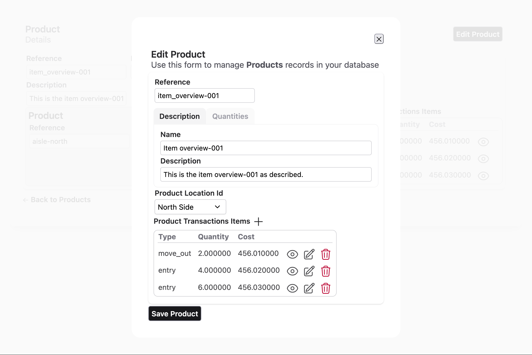 Product form with sections
