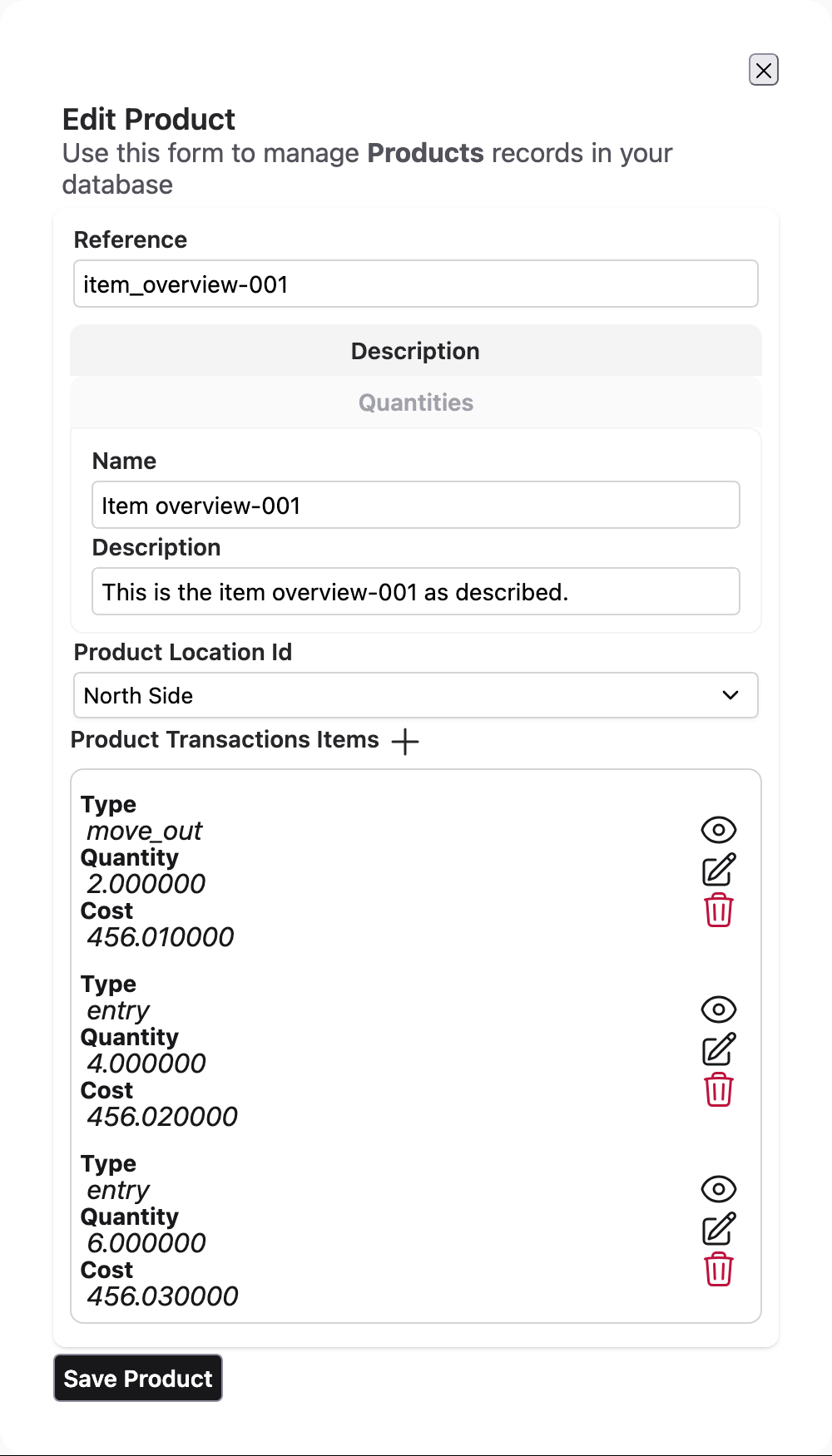 Mobile product form with sections