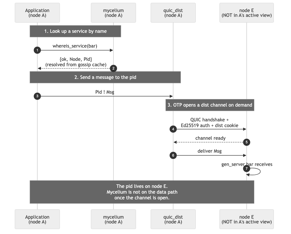 Sending a message to a pid on a node that is not in the local active view: OTP opens a QUIC dist channel on demand, runs Ed25519 auth, then delivers the message.