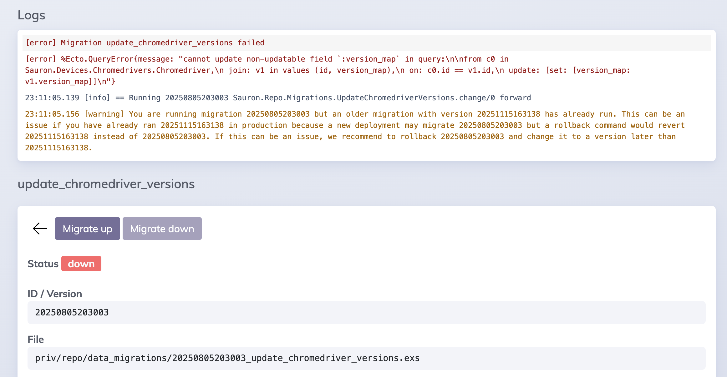 Migration Ran with Logs and errors