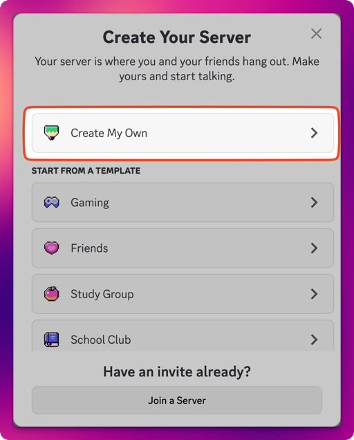 Create Server step 1