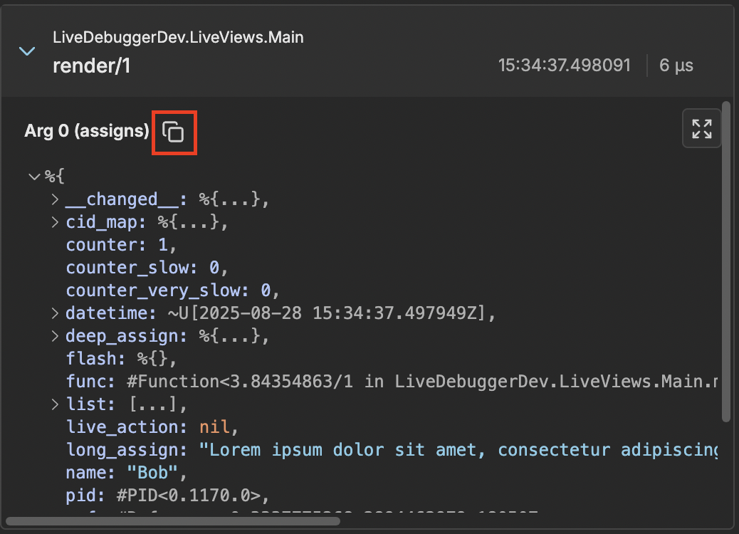 Copy icon inside expanded trace