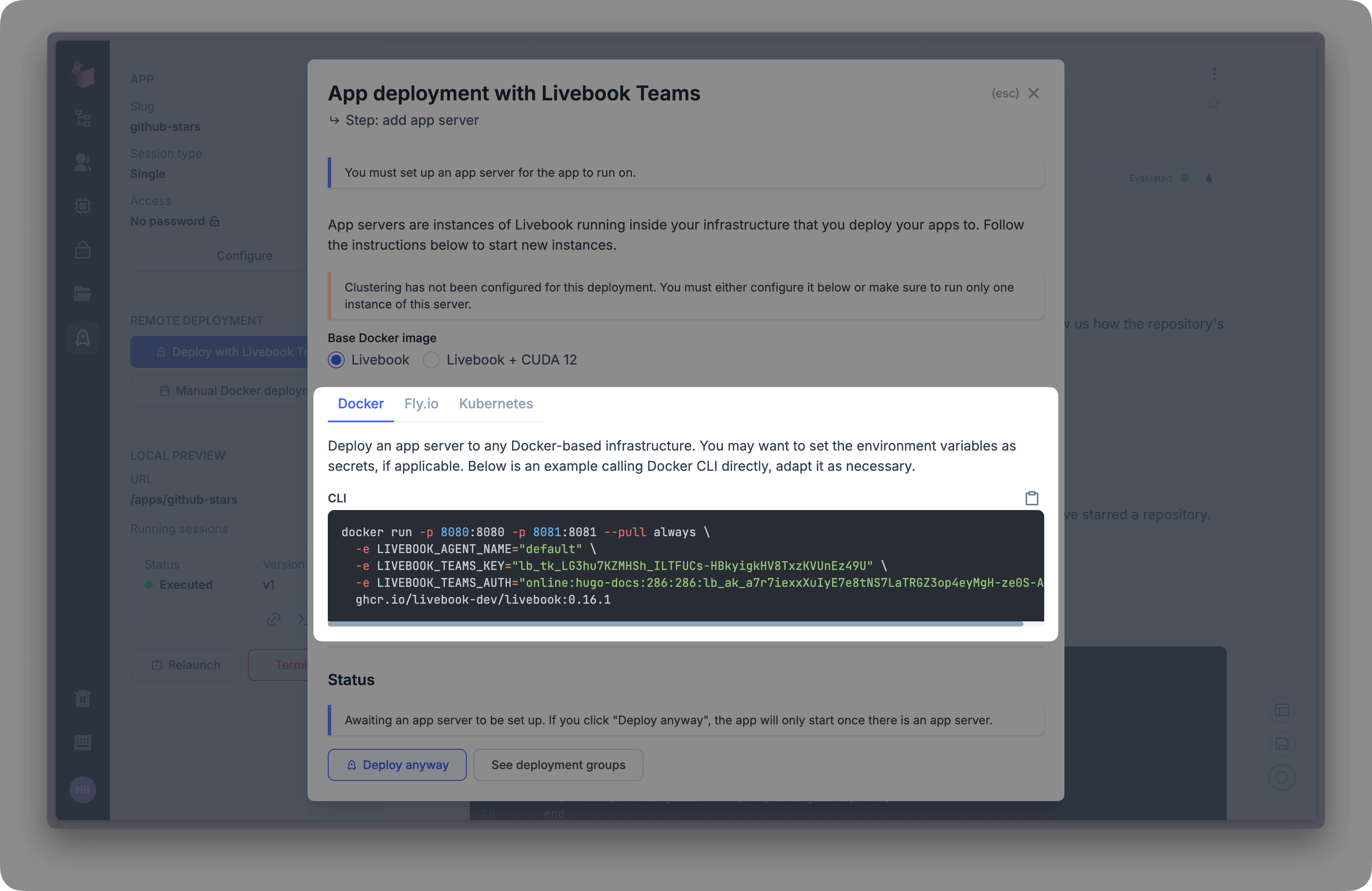 CLI command to run an Livebook app server with Docker
