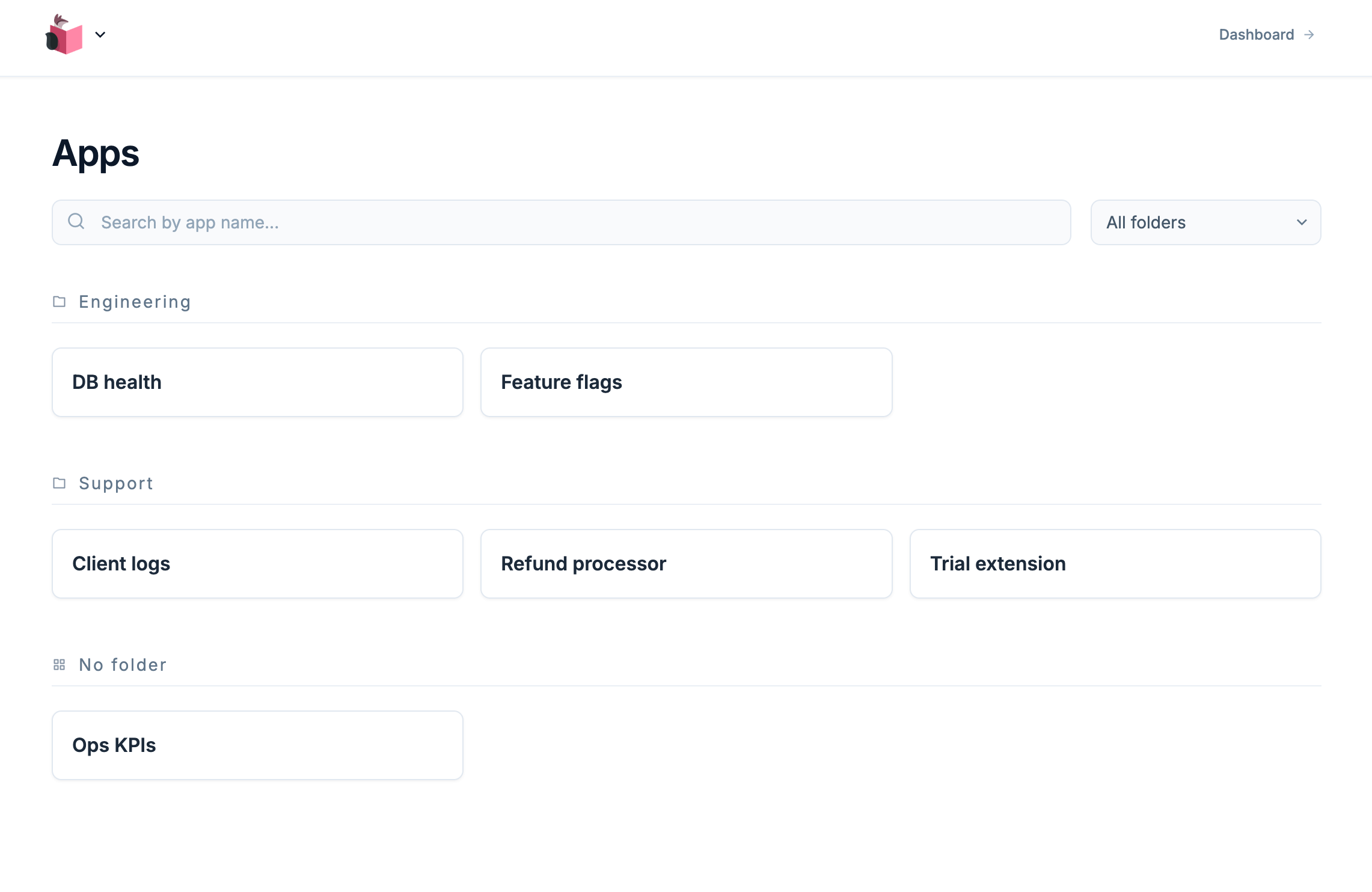 Apps page with apps grouped by folders