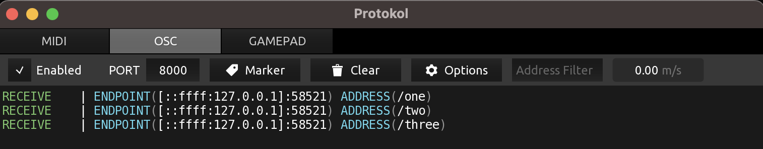 Screenshot of Protokol OSC inspection tool showing the messages one, two and three from the bundle being received.