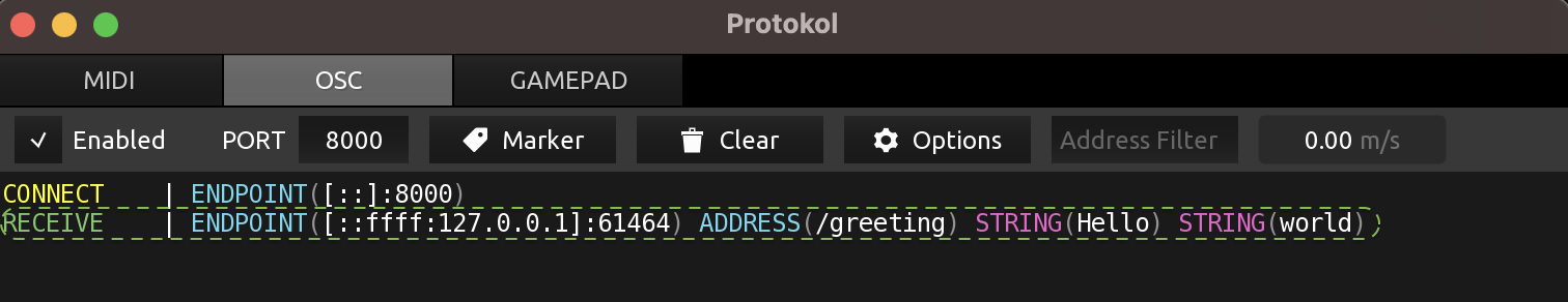 Screenshot of Protokol OSC inspection tool showing the message "Hello, world" being received.