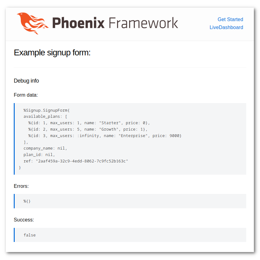 Initial page with no form controls but debug information visible